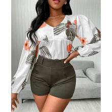 Load image into Gallery viewer, V Neck Tropical Print Long Sleeve Top &amp; Shorts Set
