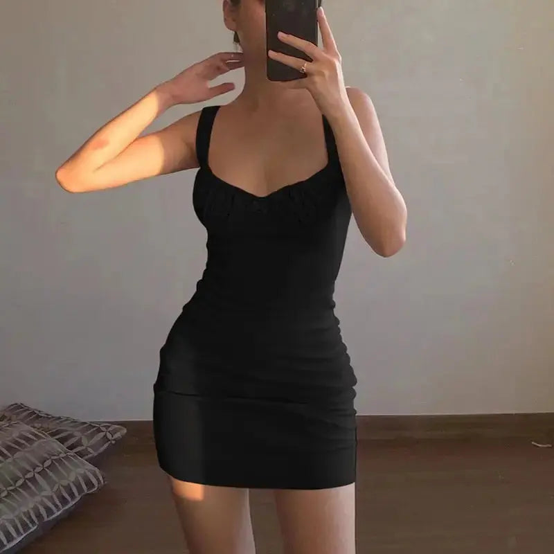 Women’s Square Neck Ruched Sleeveless Backless Low Cut Mini Dress