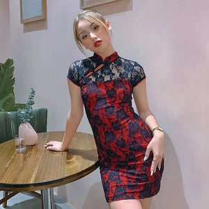 Aesthetic Floral Red Goth Mini Dress - dress