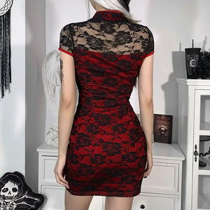 Aesthetic Floral Red Goth Mini Dress - dress