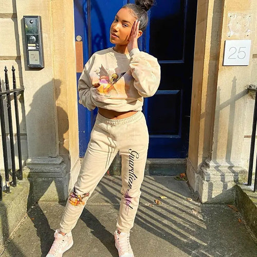 Aesthetic Long Sleeve Print Top & Elastic Waist Streetwear