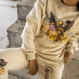 Aesthetic Long Sleeve Print Top & Elastic Waist Streetwear