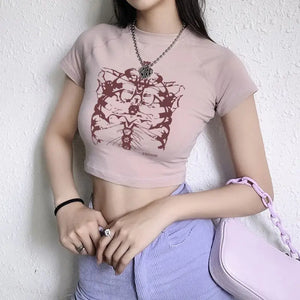 Aesthetic skeleton Graphic Crop Top - Pink / S