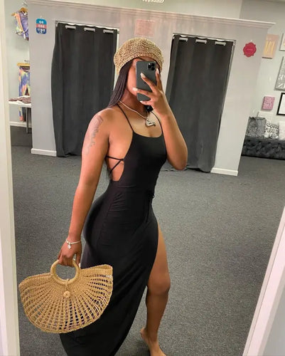 Asymmetric Backless High Split Maxi Dress - black / XL