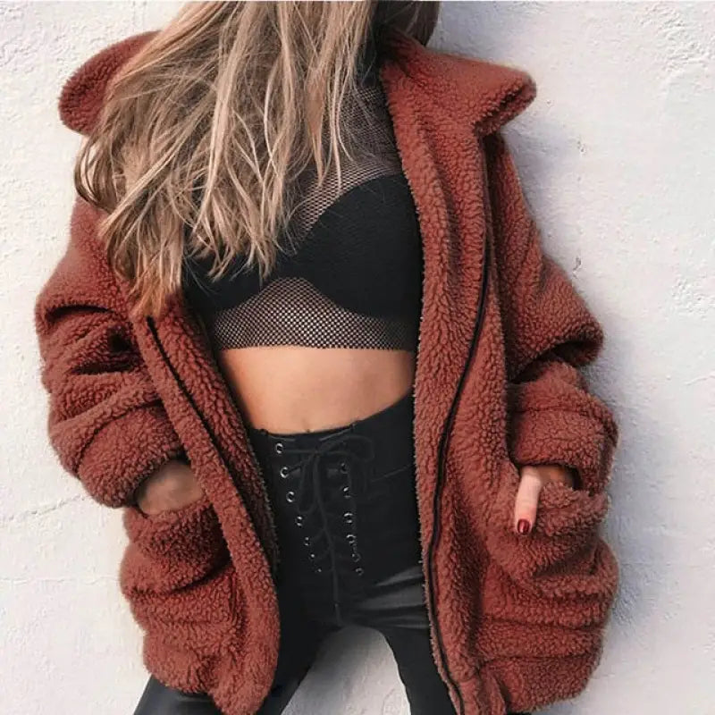 Autumn Winter Teddy Fur Coat - Dark brown / M