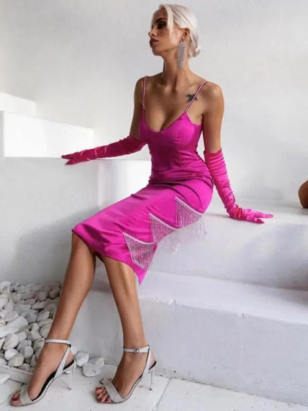Backless Crystal Midi Elegant Dress - L / Rose Red - dress