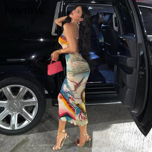 Backless Printed Bodycon Slim Pencil Dress - dress