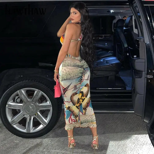 Backless Printed Bodycon Slim Pencil Dress - dress