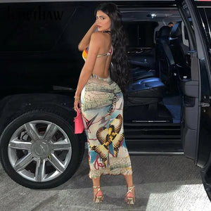 Backless Printed Bodycon Slim Pencil Dress - dress