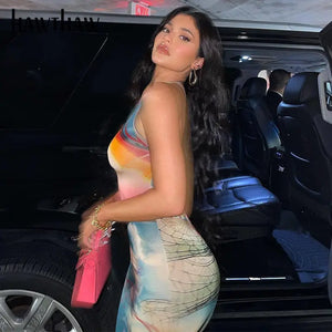 Backless Printed Bodycon Slim Pencil Dress - dress