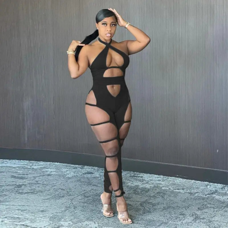Baddie Hollow Out Halter Jumpsuit - S / black - jumpsuit