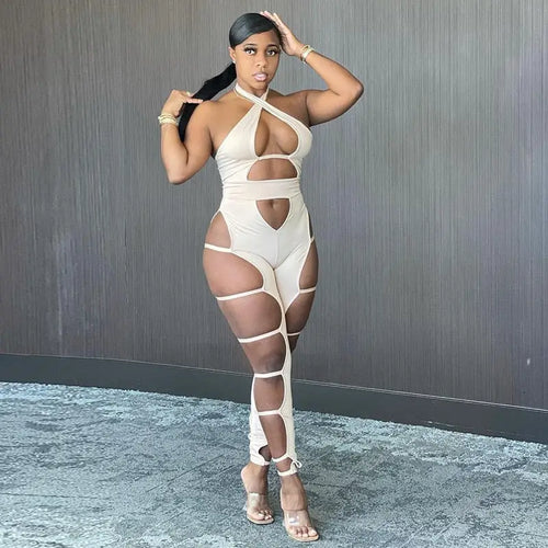 Baddie Hollow Out Halter Jumpsuit - S / Khaki - jumpsuit