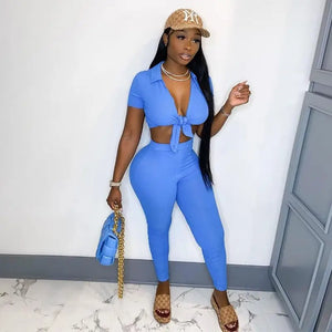 Bandage Crop Top and Pant Suits Matching Set - blue / M
