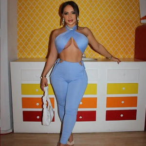 Bandage Cross Solid Color Crop Top And Pants Two Piece Set