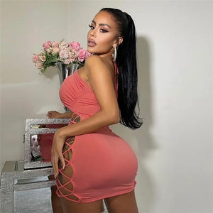 Bandage Hollow Out Neck-Mounted Sexy Club Mini Dress - dress