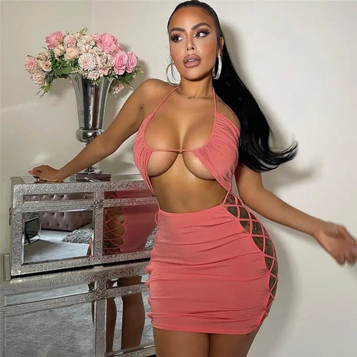 Bandage Hollow Out Neck-Mounted Sexy Club Mini Dress - dress