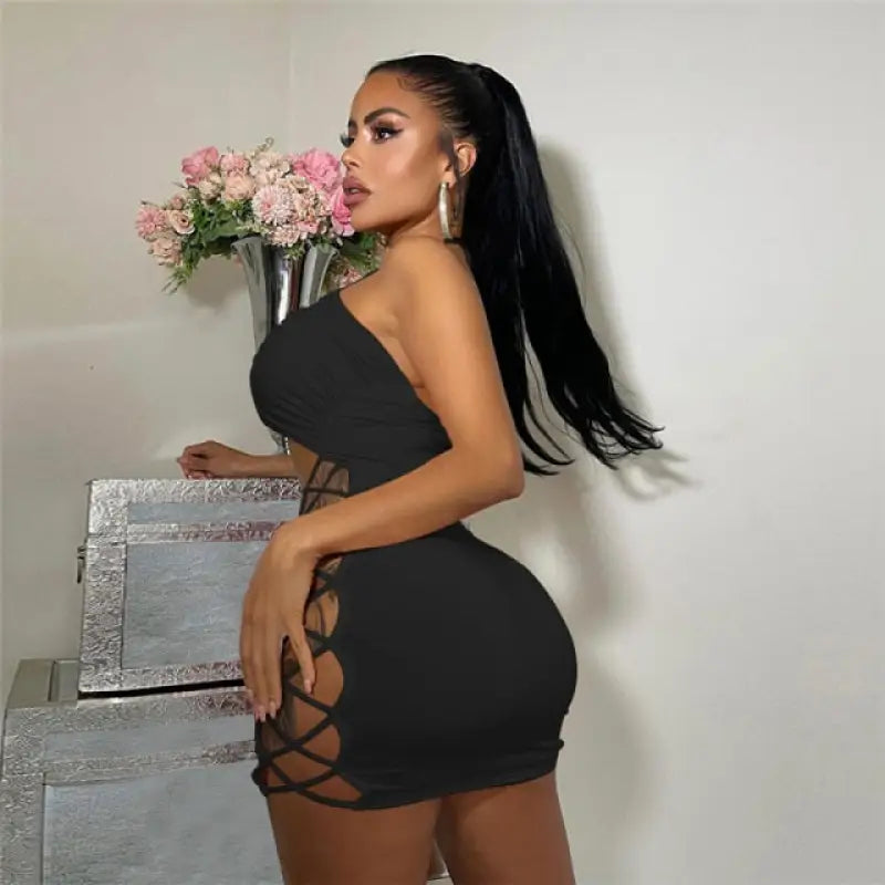 Bandage Hollow Out Neck-Mounted Sexy Club Mini Dress - Pink