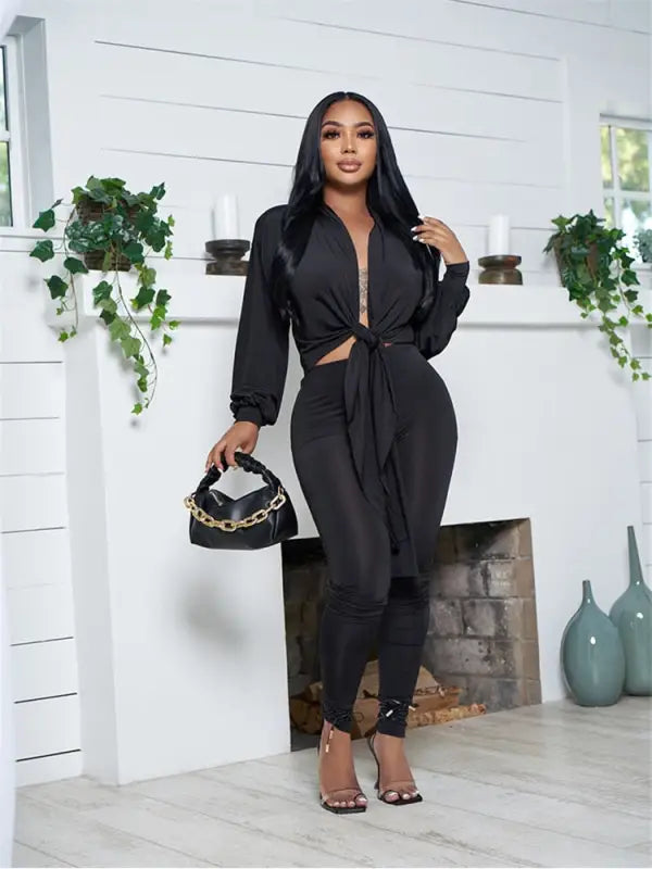 Bandage Long Sleeve Crop Top And Pants Set - Black / S