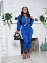 Load image into Gallery viewer, Bandage Long Sleeve Crop Top And Pants Set - Blue / S - two