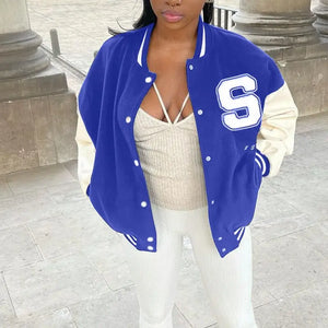 Baseball Patchwork Button Black Crop Top Jacket - Blue / XL