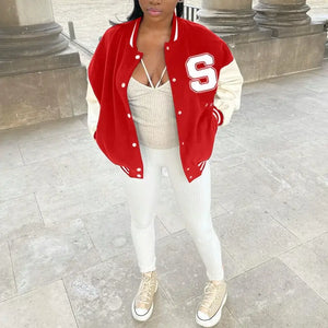 Baseball Patchwork Button Black Crop Top Jacket - Red / L