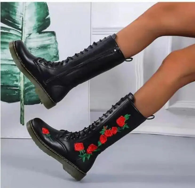 Beige Mid Calf Embroidered Flower Handmade Flat Boots