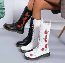 Load image into Gallery viewer, Beige Mid Calf Embroidered Flower Handmade Flat Boots