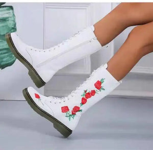 Beige Mid Calf Embroidered Flower Handmade Flat Boots