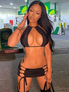 Black Bodycon Rave Mini Skirt Set - black / L - two piece