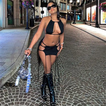 Load image into Gallery viewer, Black Bodycon Rave Mini Skirt Set - two piece