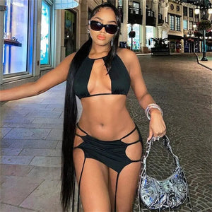 Black Bodycon Rave Mini Skirt Set - two piece