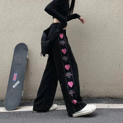Black Gothic Korean Heart Print Pants - pants