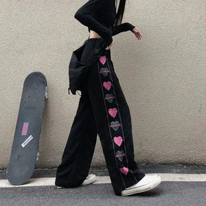 Black Gothic Korean Heart Print Pants - pants