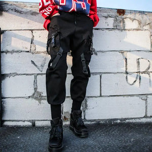 Black High Waist Cargo Techwear Punk Pants - pants