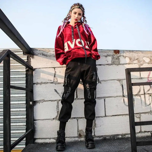 Black High Waist Cargo Techwear Punk Pants - pants