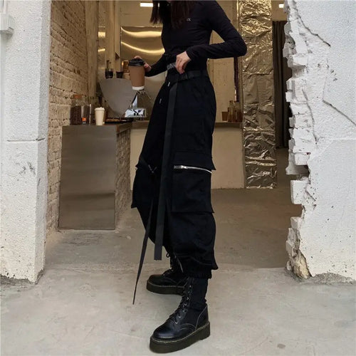 Black High Waist Techwear Long Pants With Belt - pants