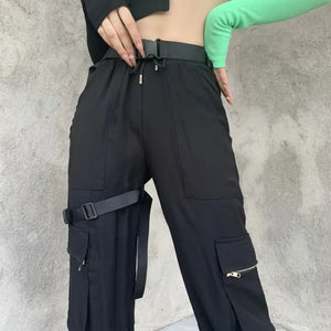 Black High Waist Techwear Long Pants With Belt - pants