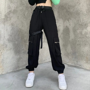 Black High Waist Techwear Long Pants With Belt - pants