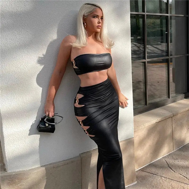 Black Tube Top & Hallow Out Long Skirt - S - skirt