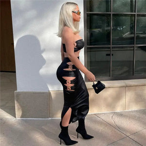 Black Tube Top & Hallow Out Long Skirt - skirt