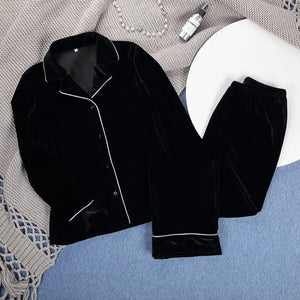 Black Velvet Thick Long Sleeve Sleepwear Set