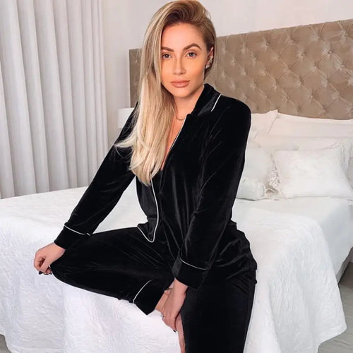 Black Velvet Thick Long Sleeve Sleepwear Set