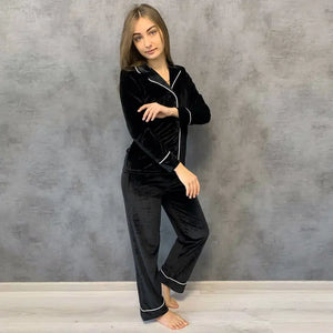 Black Velvet Thick Long Sleeve Sleepwear Set