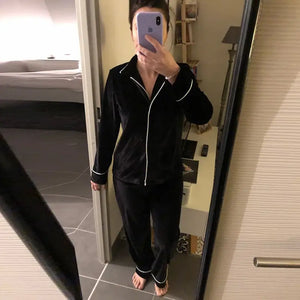 Black Velvet Thick Long Sleeve Sleepwear Set
