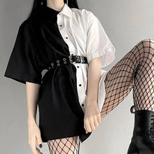 Load image into Gallery viewer, Black &amp; White Patchwork Contrast Long Blouse Shirt - S