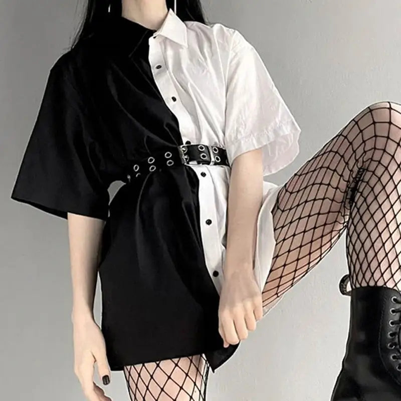 Black & White Patchwork Contrast Long Blouse Shirt - S