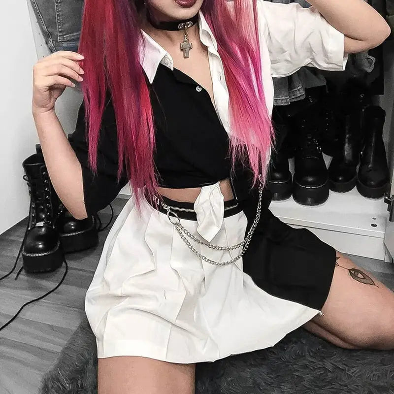 Black White Patchwork Gothic Crop Shirt - patchwork / M