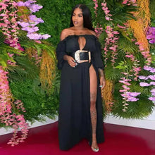 Load image into Gallery viewer, Boho Off The Shoulder Flounce Design Split Black Maxi Dress