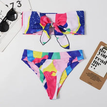 Load image into Gallery viewer, Bow Tie Front Flower Padded High Waist Two Piece Bikini Set