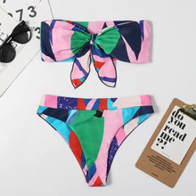 Load image into Gallery viewer, Bow Tie Front Flower Padded High Waist Two Piece Bikini Set
